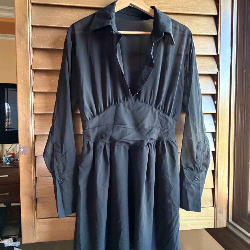 Black Sheer Long Sleeve Mini Dress | Size S | V-Neck | Flowy